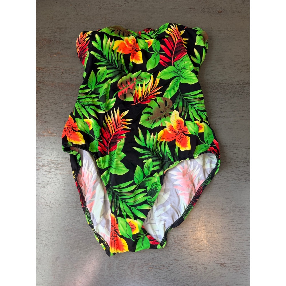 T.H.E. Swimwear Tropical Floral Strapless One Piece Swimsuit Black Multi Size 16